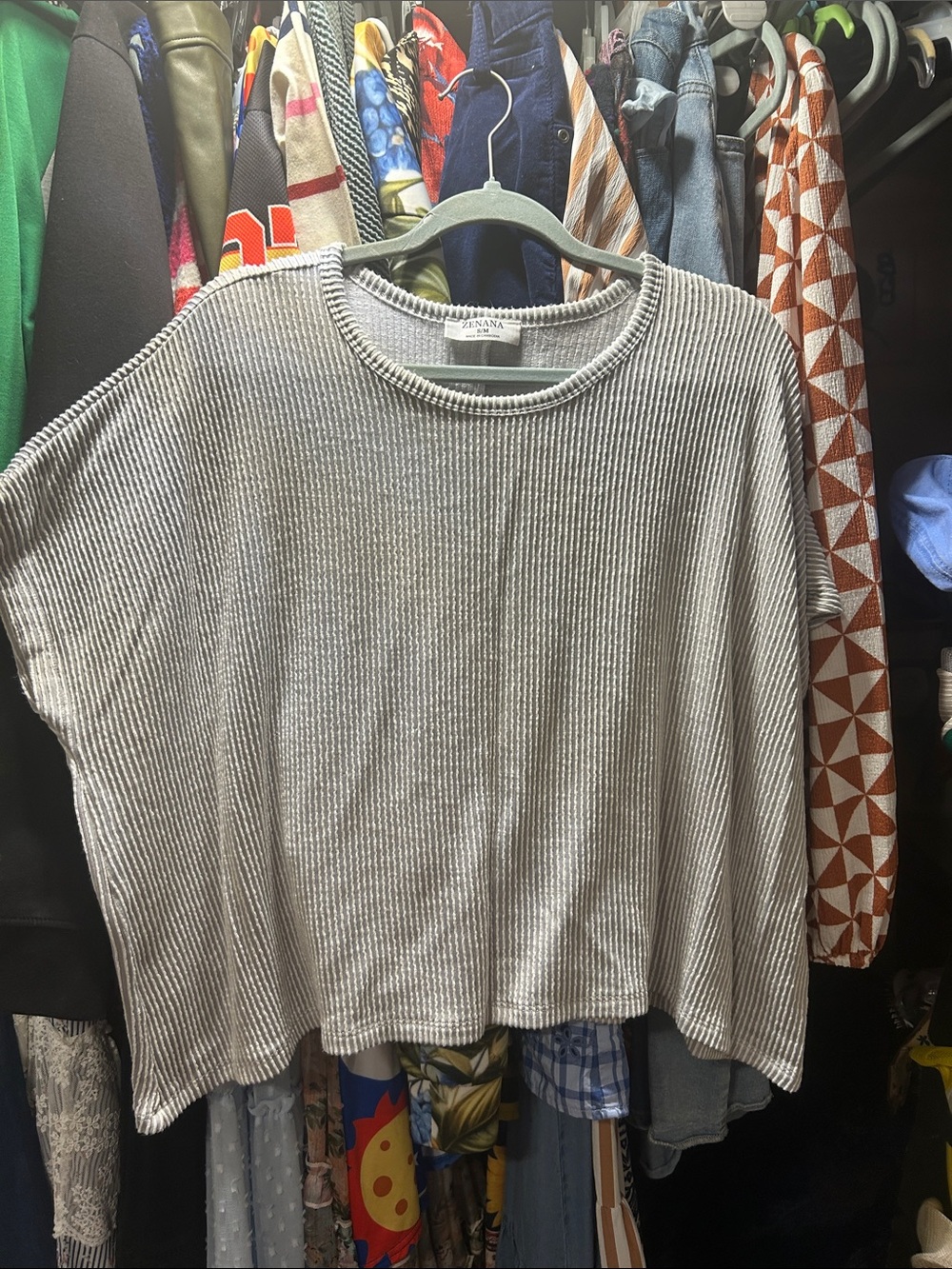 Zenana Ribbed Stripe Oversized Short Sleeve Top in Light Gray